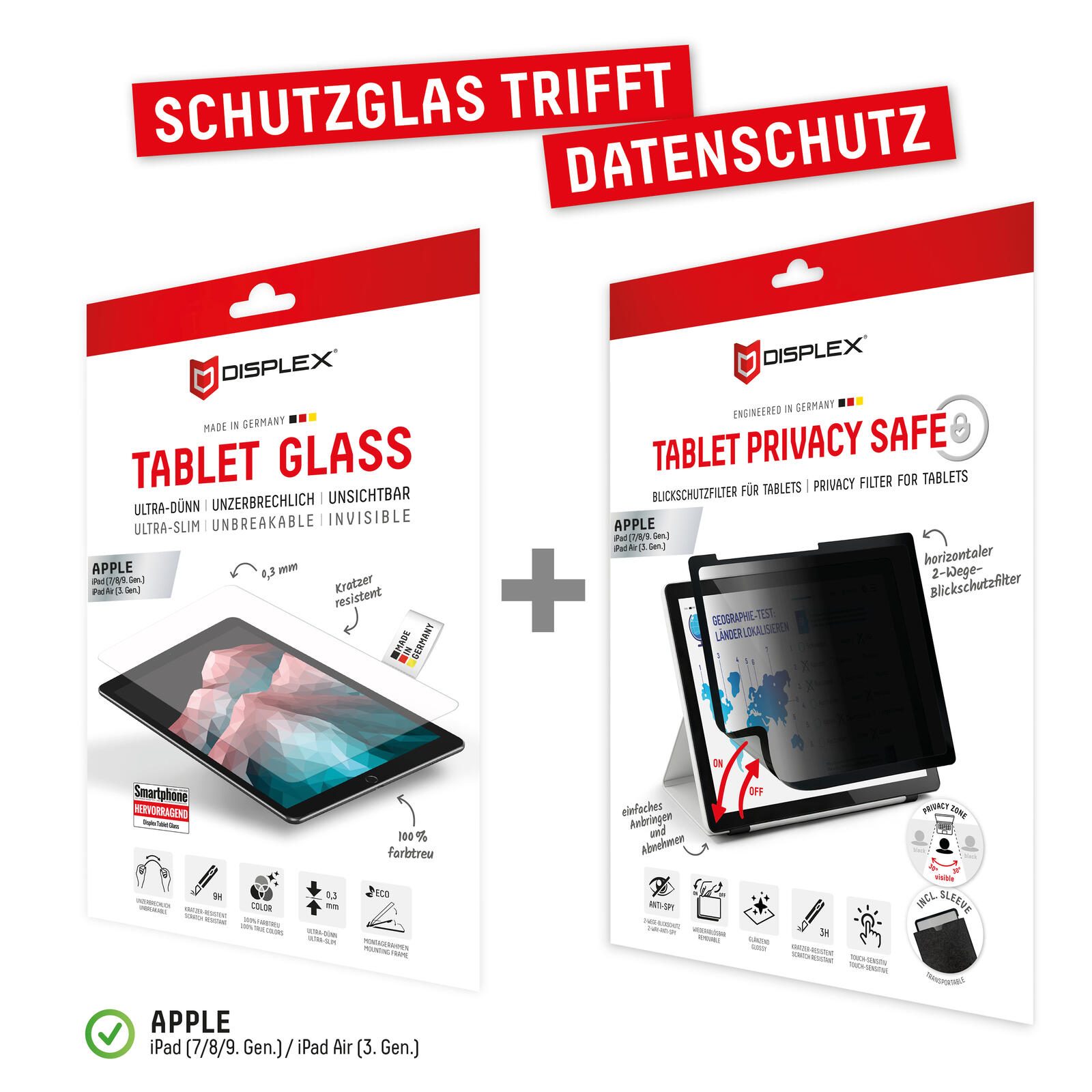 DISPLEX Tablet Panzerglas & Tablet Privacy Safe Blickschutzfilter für Apple iPad (7.–9. Gen.) / iPad Air (3. Gen.) video preview