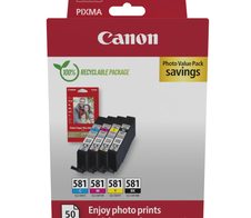 Canon Original CLI-581 Druckerpatronen Value Pack - 1 x schwarz / je 1 x CMY + 50 Blatt Fotopapier (2106C006)