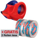 tesa Klebefilmabroller Mini-Abroller rot/blau + GRATIS 2 Rollen tesafilm Kristall-Klar, 10,0m x 15,0mm (LxB)