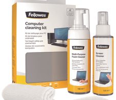 Fellowes Reinigungs-Set 120 ml Bildschirmreiniger, 150 ml Schaumreiniger, Mikrofasertuch, Tastatur-Reinigungswerkzeug