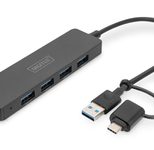 Digitus USB 3.0 Hub 4-Port, Slimline mit USB-C Adapter, 5Gbps, 0,2m Kabel