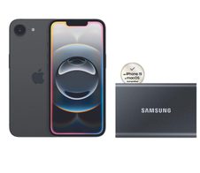 Apple iPhone 16e 128GB Schwarz + Samsung Portable SSD T7 1TB für PC/Mac (gray)