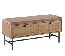 WOHNLING WL6.890 Schuhbank mit Stoff-Sitzfläche und Stauraum 100x48x38 cm Rattan Eiche-Dekor