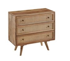 WOHNLING Sideboard 80x75x40 cm Mango Massivholz / Rattan Vintage