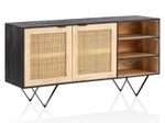 WOHNLING Sideboard 145x75x40 cm Mango Massivholz / Rattan, mit 2 Türen