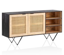 WOHNLING Sideboard 145x75x40 cm Mango Massivholz / Rattan, mit 2 Türen