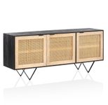 WOHNLING Sideboard 175x75x45 cm Mango Massivholz / Rattan, mit 3 Türen