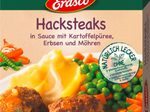 Erasco Hacksteaks in Sauce mit Kartoffelpüree, Erbsen und Möhren