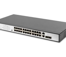 Digitus 24-Port Gigabit PoE Netzwerkswitch, 19 Zoll, unmanaged, 2 Uplink Ports, SFP, 370 W, af/at