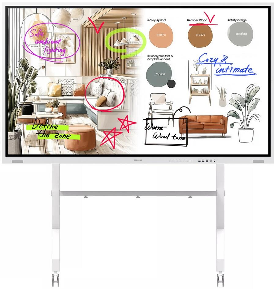 Samsung Flip WM85FX Flipchart 214,63 cm 85 Zoll inkl. Neomounts FL50-575WH1 MOVE Go XL Rollwagen video preview