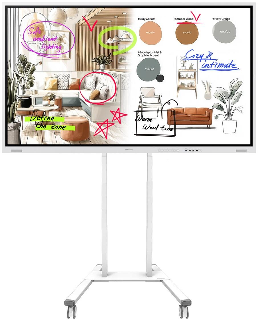 Samsung Flip WM85FX Flipchart 214,63 cm 85 Zoll inkl. Neomounts FL55-875WH1 MOVE Lift elektrisch höhenverstellbarer Rollwagen video preview